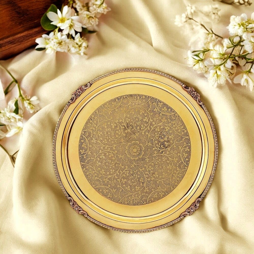 Decorative Brass Serving Tray, Round, Vintage Style with Ornate